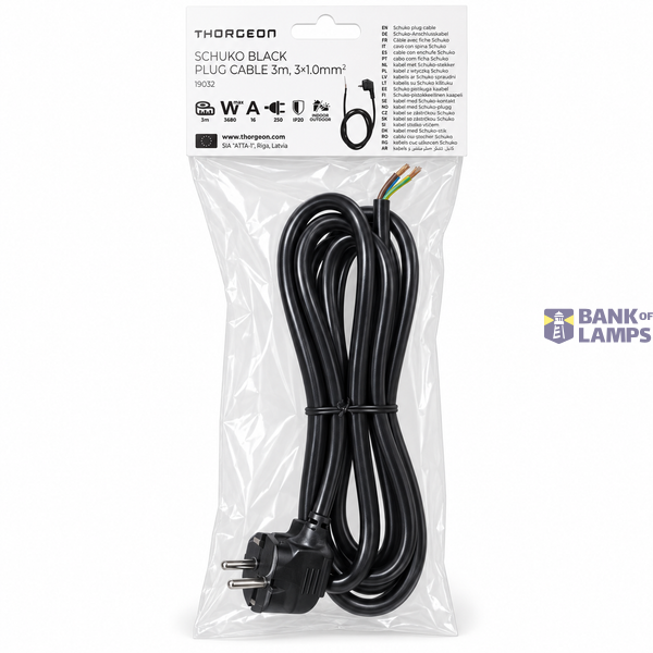 SCHUKO Plug Cable 3m, 3×1.0mm², 16A 250V~Max:3680W, IP20 Black image 2