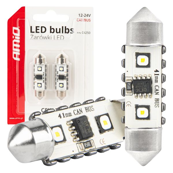 LED CANBUS bulbs 12SMD Festoon C5W 3838 41mm White 12/24V AMIO-04250 image 1