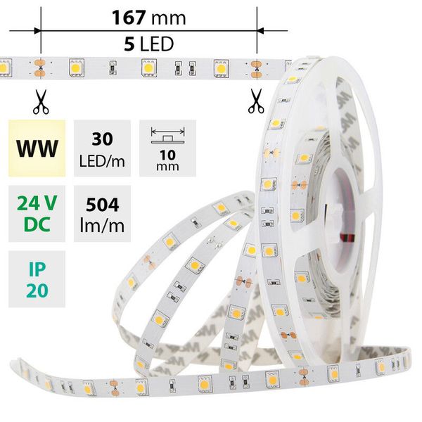LED strip SMD5050 WW, 30LED/m, 8,5W/m, 504lm/m, IP20, DC 24V, 10mm, 5m image 1