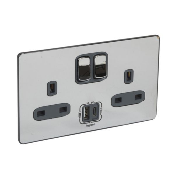 Synergy Sleek 2 Gang 13A Single Pole Switched Socket Outlet with USB Type-A and Type-C 3A Chargers Polished Stainless Steel image 1