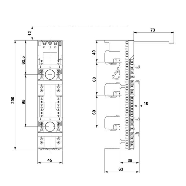 Busbar- adapter 25A 45mm 2 RAIL 3X4 (The price is shown without markup on metals. Request a quote for accurate information) image 3
