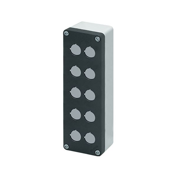 Aluminium push-button enclosure M10 85x260x65, 10 holes Ø 22, with cable entry image 1