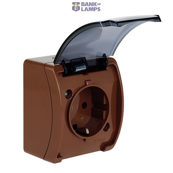 VG-1 Koala Single Socket 2P+Z SCHUKO surface mounted IP44 brown with smoky (transparent) flap  VG 181-52 image 1