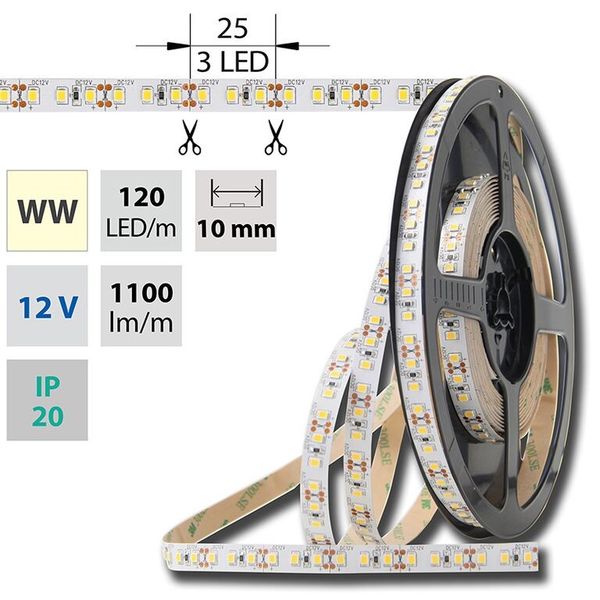 LED strip SMD2835 warm white, 120LED/m, IP20, DC 12V, 10mm image 1