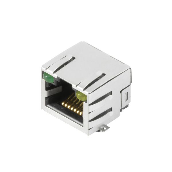 PCB plug-in connector, RJ45 jacks, Cat. 5e , SMD solder connection, 90°, Latch option: top, Shield tabs: 6 tabs, 30...80 µ" Ni / ≥ 30 µ" Au , LED: Yes, green, yellow, Number of poles: 12, Tape image 1