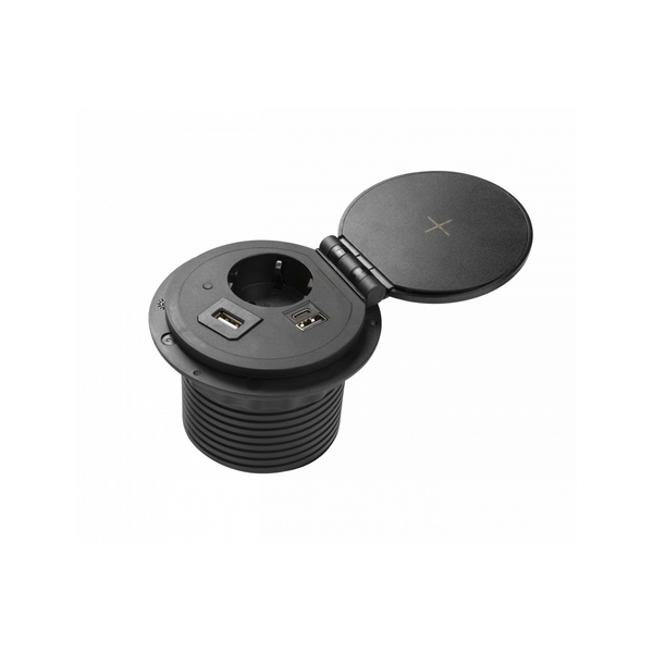 Furniture socket CHARGER PLUS, Ø80 mm, 1xSHUKO, USB A+C, in the set three replaceable modules (USB-A, HDMI, RJ45), cable 1.5 m, black image 1