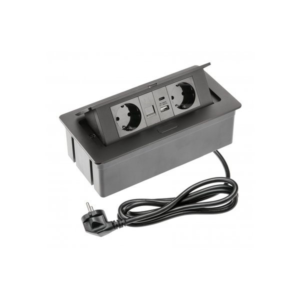 Furniture socket MULTISOFT, 2xSHUKO, USB A+C, RJ45, cable 1.5 m, black image 1