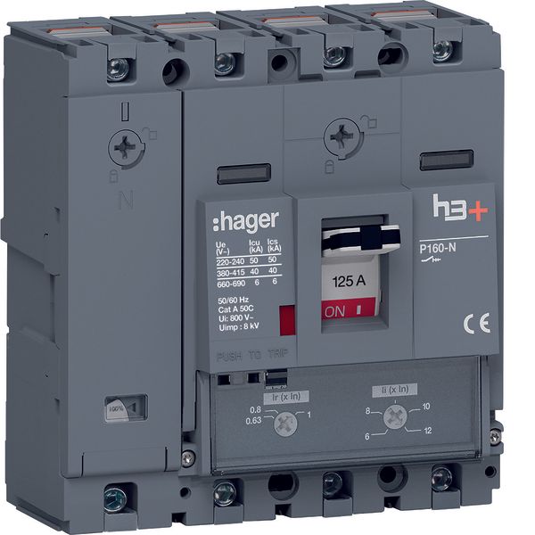 Moulded Case Circuit Breaker h3+ P160 TM ADJ 4P4D N0-100% 125A 40kA CT image 1