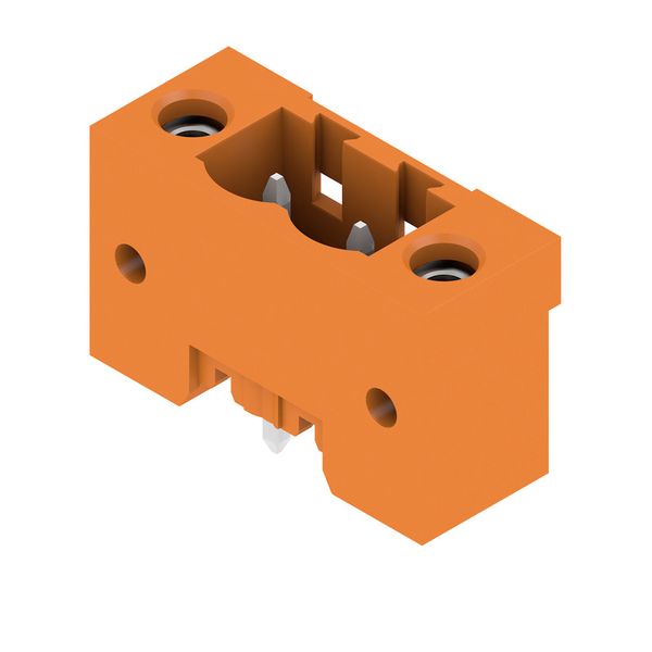 PCB plug-in connector, male header, Flange, THT solder connection, 5.08 mm, Number of poles: 2, 180°, Solder pin length (l): 3.2 mm, tinned, orange, Box image 1