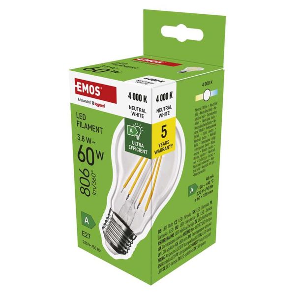 LED Bulb Filament A60 A CLASS/ E27 / 3.8 W (60 W) / 806 lm / neutral white image 1