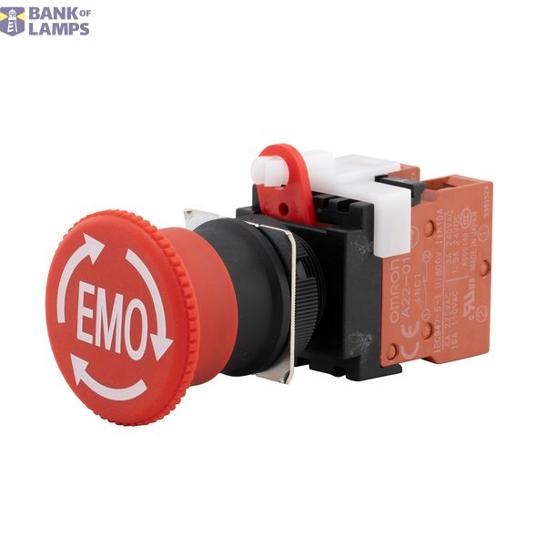 Emergency stop switch, Panel Cutout 22 mm Dia., Head Size 40 mm Dia., Push-Lock, Turn-Reset, 2NC, With EMO Indication A22E7082G image 1