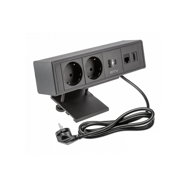 Furniture socket BAR, 2xSHUKO, USB A+C, HDMI, RJ45 cable 1.5 m, black image 1