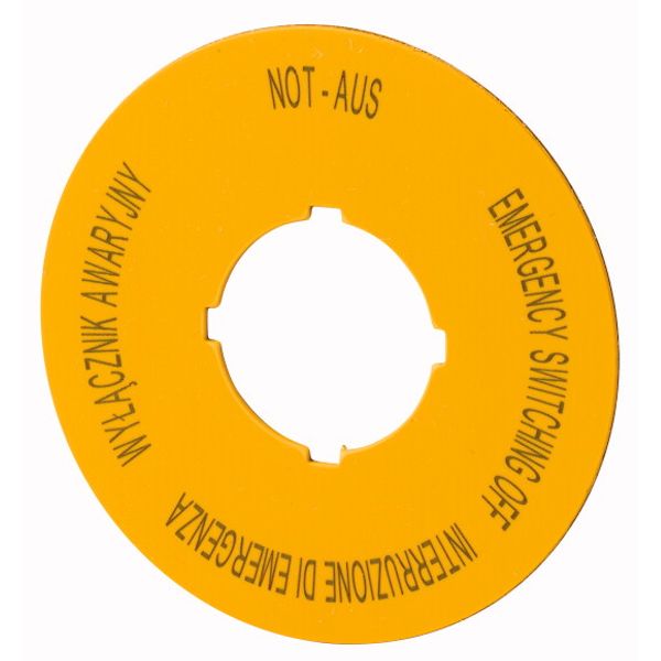 M22-XBK5 Label, emergency switching off, D=60mm, yellow, PL, EN, DE, IT image 1