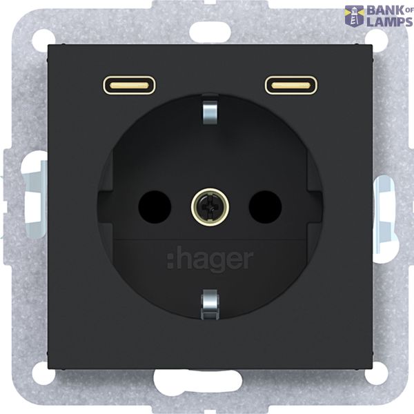SCHUKO wall socket with earth connection, 2 x USB C (PD), A.x/C.x, matte black image 1