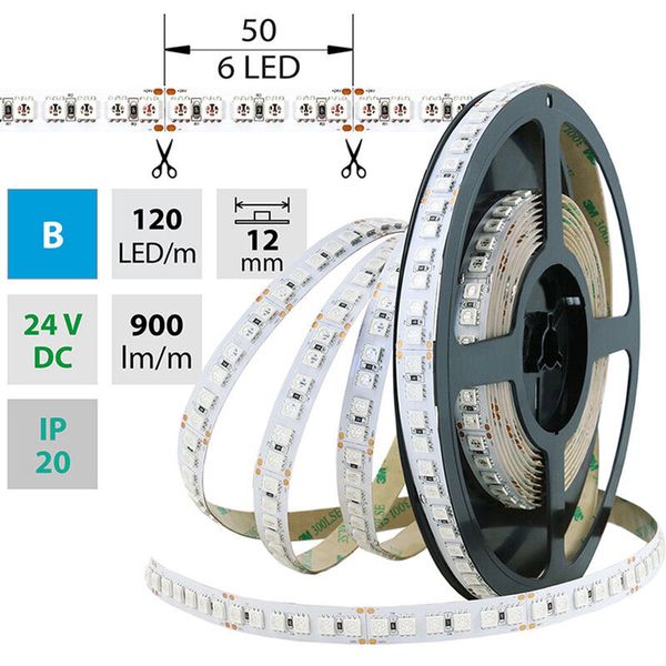 LED strip SMD5050 B, 120LED/m, 28,8W/m, 900lm/m, IP20, DC 24V, 12mm, 50m image 1