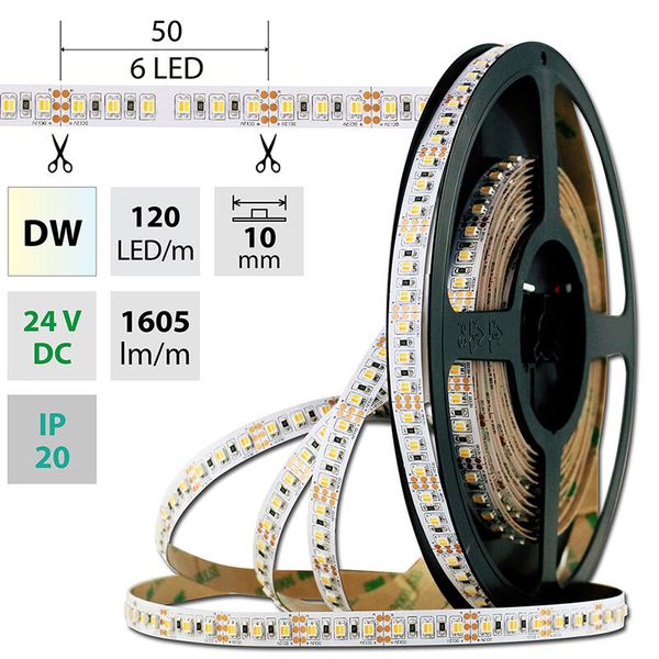 LED strip SMD3527 dual white WW-CW, 120LED/m, 19,2W/m, 1605lm/m, IP20 DC24V 10mm image 1