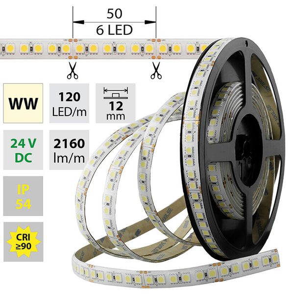 LED strip SMD5050 WW, 120LED/m, 28,8W/m, 2160lm/m, IP54, DC 24V, 12mm, 5m image 1