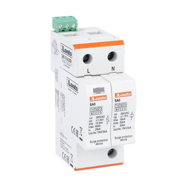 Surge protection device type 1 and 2 with plug-in cartridge, IEC impulse current Iimp (10/350μs) 12.5kA per pole, 1P+N. With remote contact image 1