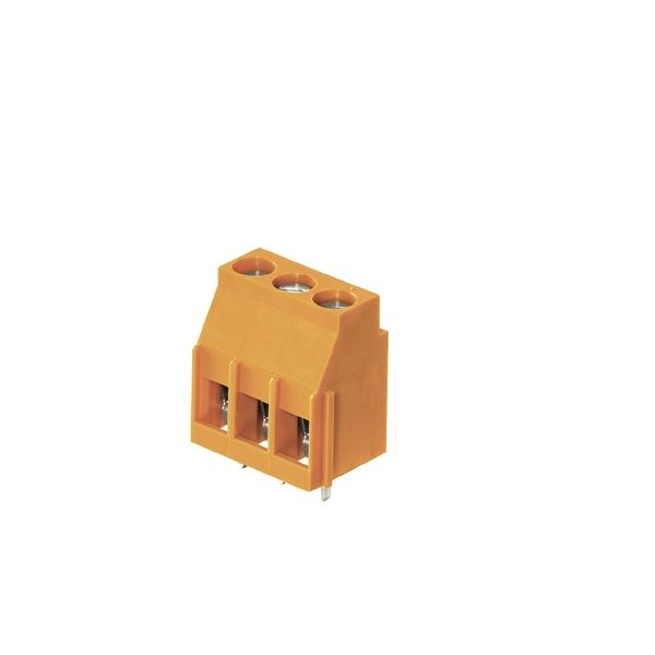 Printed circuit board terminals, 5.00 mm, Number of poles: 2, 90°, Solder pin length (l): 3.2 mm, tinned, orange, Clamping yoke connection, Clamping range, max. : 6 mm², Box image 1