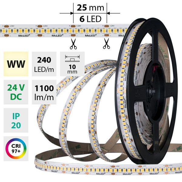 LED strip SMD2835 WW, 240LED/m, 14,4W/m, DC 24V, 1100lm/m, CRI97, IP20, 10mm, 5m image 1