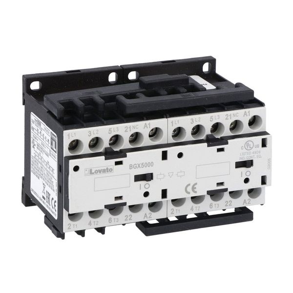 Reversing contactor assembly, AC coil, external interlock with power and auxiliary wiring, 9A AC3 in AC, 4kW. Coil voltage 120VAC 60Hz image 1