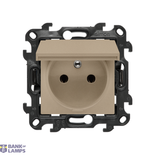 Single socket outlet with earthing for IP44 version without frame seal, without shutters, (module), Simon 24, IP44, 16A, champagne matt, Flap color: Same as a cover image 1