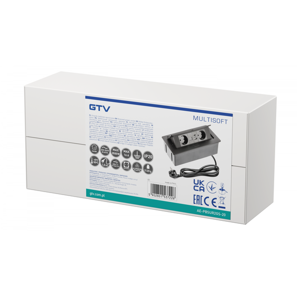 Furniture socket MULTISOFT, 2xSHUKO, USB A+C, RJ45, cable 1.5 m, black image 2