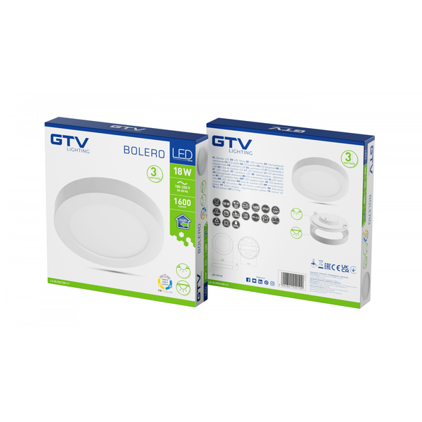 LED luminaire BOLERO, 18 W, 1600 lm, 3000K/4000K/6400K, AC175-250V, PF>0.5, RA>80, IP40, 120°, 6in1, surface-mounted/recessed, round image 2