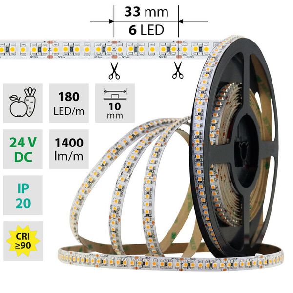 LED strip SMD3528F 180LED/m 14.4W/m 1400lm/m IP20 DC24V 10mm 5m (fruit) image 1
