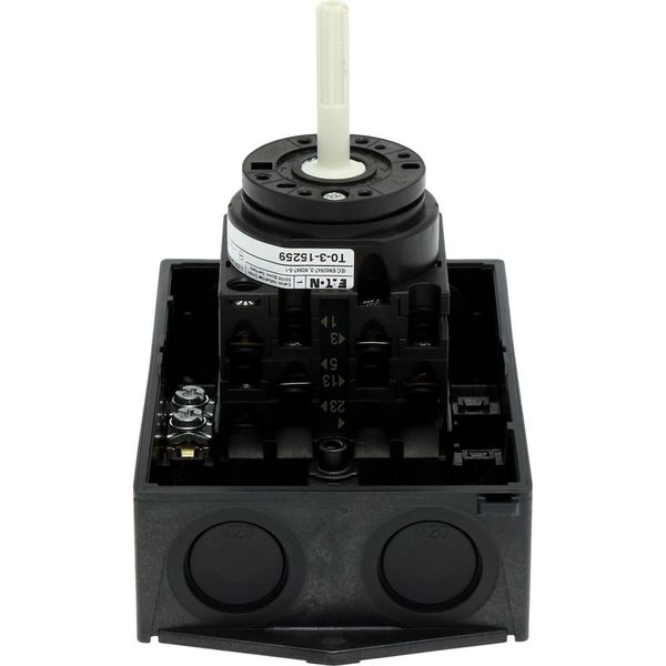 T0-3-15259/I1/SVB Main switch, T0, 20 A, surface mounting, 3 contact unit(s), 3 pole, 2 N/O, Emergency switching off function, With red rotary handle and yellow locking image 40