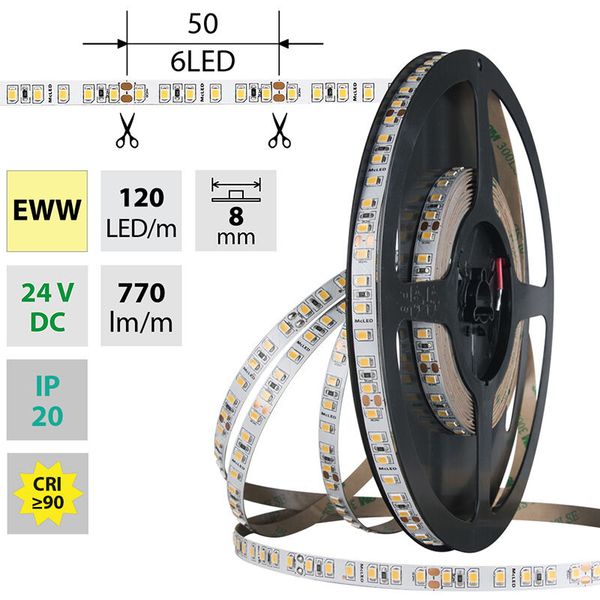 LED strip SMD2835 EWW, 120LED/m, 9,6W/m, DC 24V, 770lm/m, CRI90, IP20, 8mm, 5m image 1