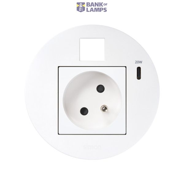 Furniture power socket (pin grounding) with USB-C 20W charger and RJ45 plate (keystone), Simon 400 Flash 90, IP20, 16A, white, Mount. dimen.: Ø80mm image 1
