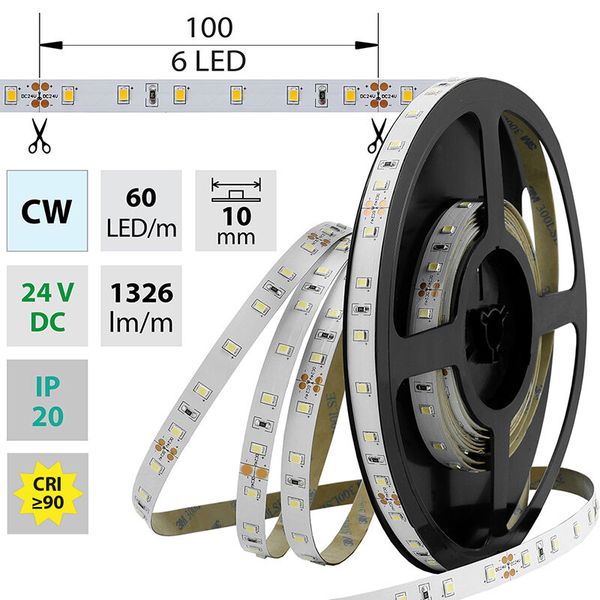 LED strip SMD2835 CW, 60LED/m, 14,4W/m, 1326lm/m, IP20, DC 24V, 10mm, 5m image 1