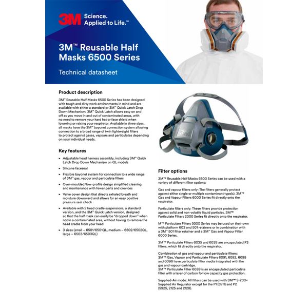 3M™ Reusable Half Face Mask Respirator, Quick Latch, Large, 6503QL image 19