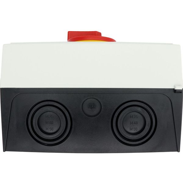 P3-100/I5/SVB/HI11 Main switch, P3, 100 A, surface mounting, 3 pole, 1 N/O, 1 N/C, Emergency switching off function, With red rotary handle and yellow locking ring, Lock image 61