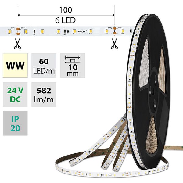 LED strip SMD2835 WW, 60LED/m, 7,2W/m, DC 24V, 582lm/m, CRI90, IP20, 10mm, 50m image 1