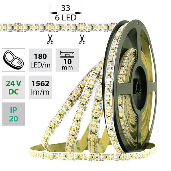 LED strip SMD3528FM 180LED/m 14.4W/m 1562lm/m IP20 DC24V 10mm 5m (meat) image 1