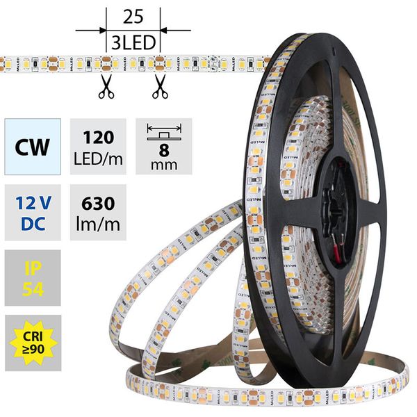 LED strip SMD2835 CW, 120LED/m, 9,6W/m, DC 12V, 630lm/m, CRI90, IP54, 8mm, 5m image 1