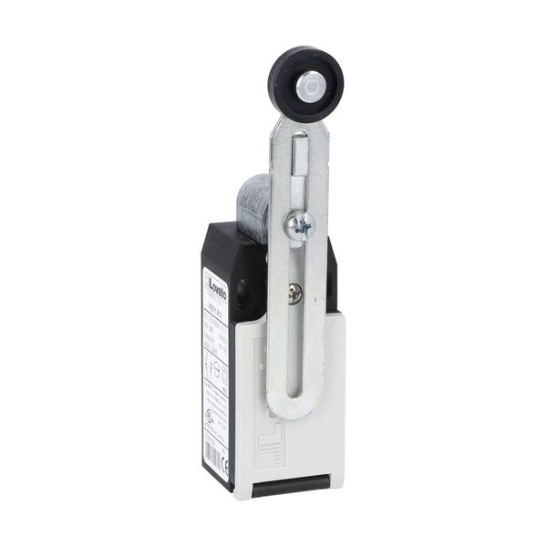 Limit switch, K series, adjustable roller lever, 1 bottom cable entry. Dimensions to EN 50047, plastic body, contacts 2NO+1NC slow action. Plastic roller image 1