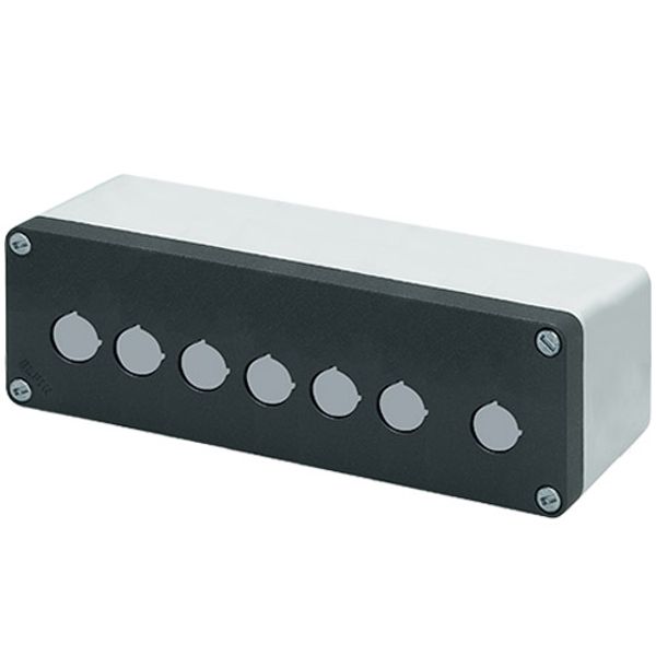 Aluminium push-button enclosure M10 85x260x65, 7 holes Ø 22, without cable entry image 1