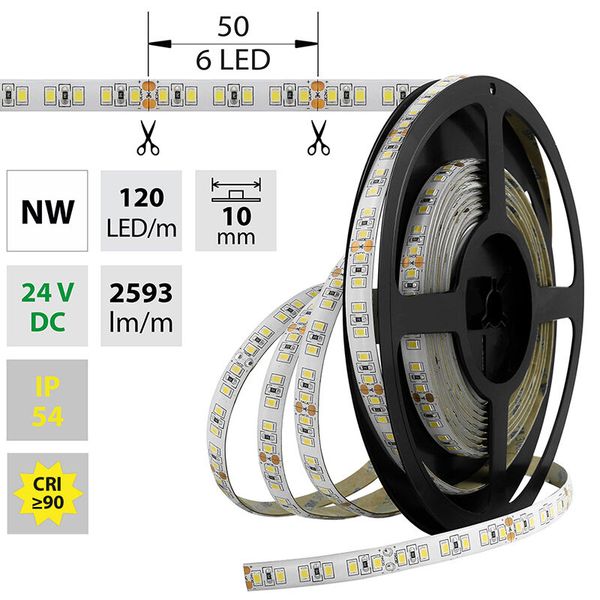 LED strip SMD2835 NW, 120LED/m, 28,8W/m, 2592lm/m, IP54, DC 24V, 10mm, 5m image 1