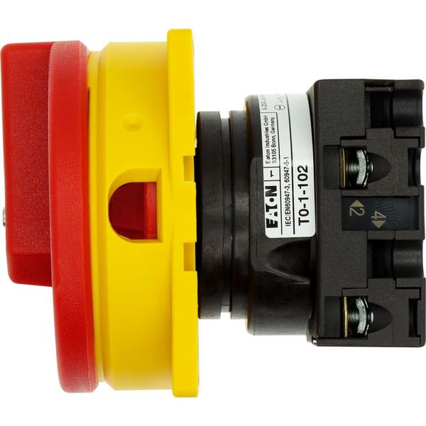 T0-1-102/E/SVB Main switch, T0, 20 A, flush mounting, 1 contact unit(s), 2 pole, Emergency switching off function, With red rotary handle and yellow locking ring image 17