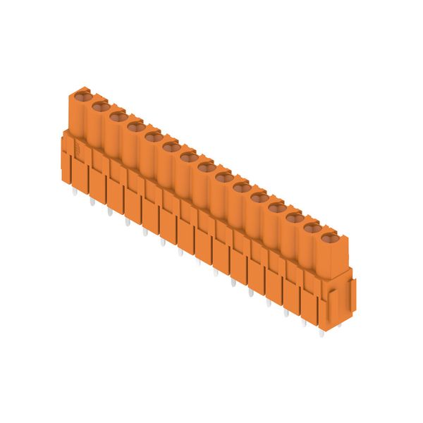PCB plug-in connector, female header, Dovetails for fixing blocks, THT solder connection, 5.08 mm, Number of poles: 15, 180°, Solder pin length (l): 3.2 mm, tinned, orange, Box image 2