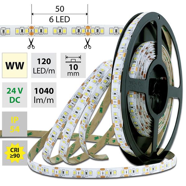 LED strip SMD2835 WW, 120LED/m, 14W/m, 1040lm/m, IP54, DC 24V, 10mm, 5m image 1
