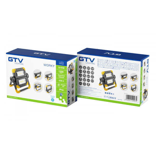 LED floodlight with rechargeable battery WORKY, 2x10 W COB, 1200 lm, 6400K, 5V/1A, USB-C, IP44 image 2