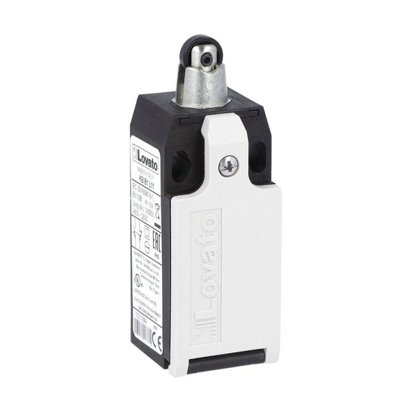 Limit switch, K series, top roller push plunger, 1 bottom cable entry. Dimensions to EN 50047, plastic body, contacts 2NC slow action. Plastic roller image 1