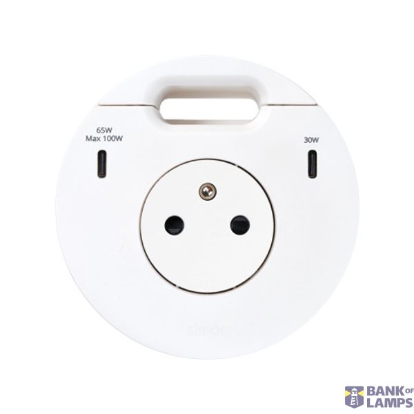 Furniture power socket (pin grounding) with USB-C 100W charger and grommet (cable outlet), Simon 400 Flash 90, IP20, 16A, white, Mount. dimen.: Ø80mm image 1