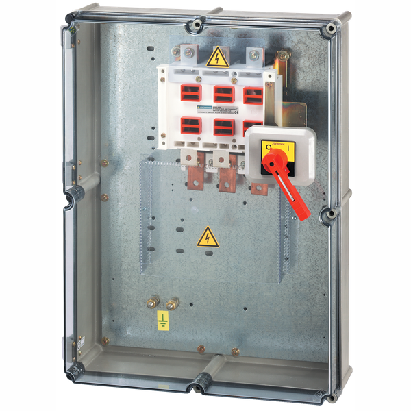 Polyester safety enclosure 3P 630A with bottom/bottom connection front image 1