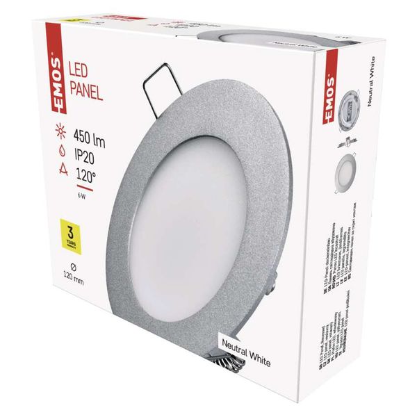 LED panel, recessed, round, silver, 6W, neutral white image 1