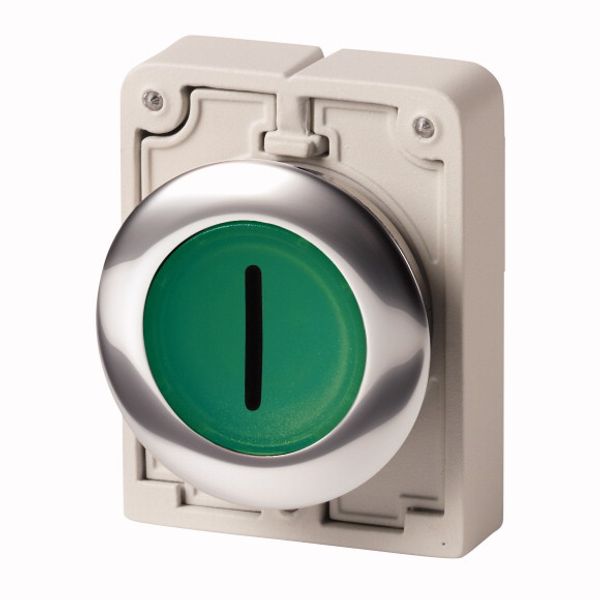 M30C-FDRL-G-X1 Illuminated pushbutton actuator, RMQ-Titan, Flat, maintained, green, inscribed, Metal bezel image 1